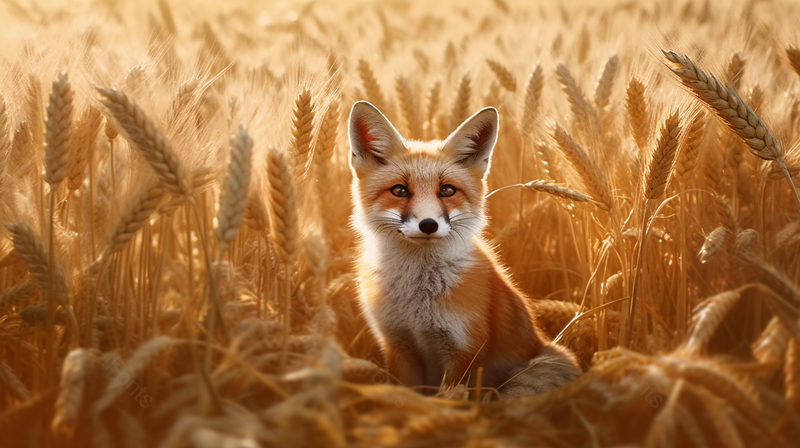 小满节气谷物丰收金黄色饱满的麦穗地里坐着的小狐狸,高清,摄影图,摄影图片,图片大全,摄影图免费下载